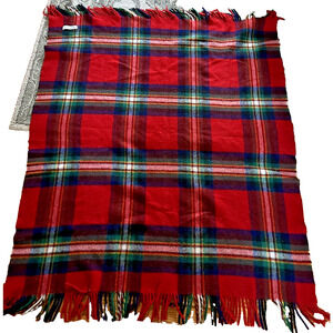 Reine Schurwolle Wool Blanket Throw Red Blue Green Plaid Fringe Vintage 62x48”